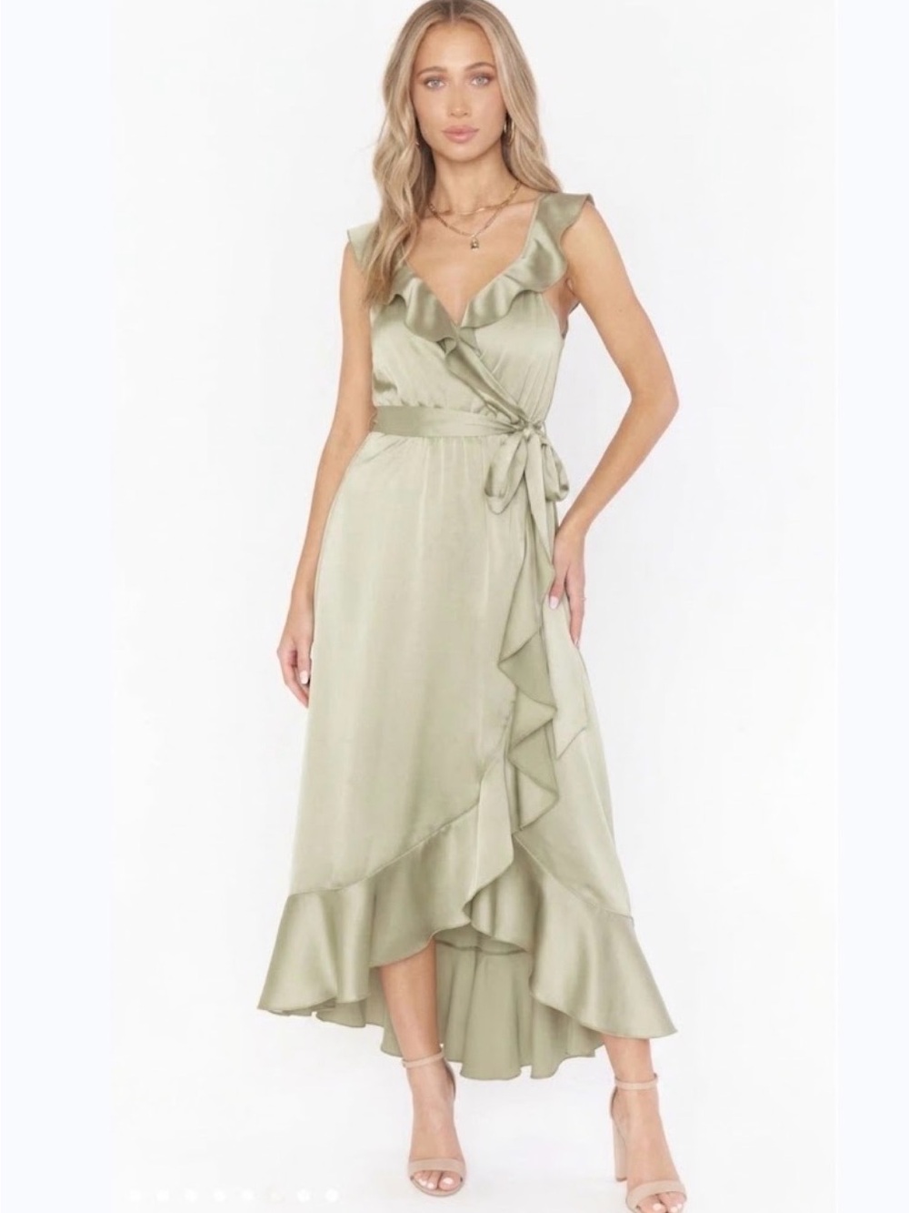 Show Me Your Mumu Samantha Ruffle Wrap Luxe Satin Dress Size M